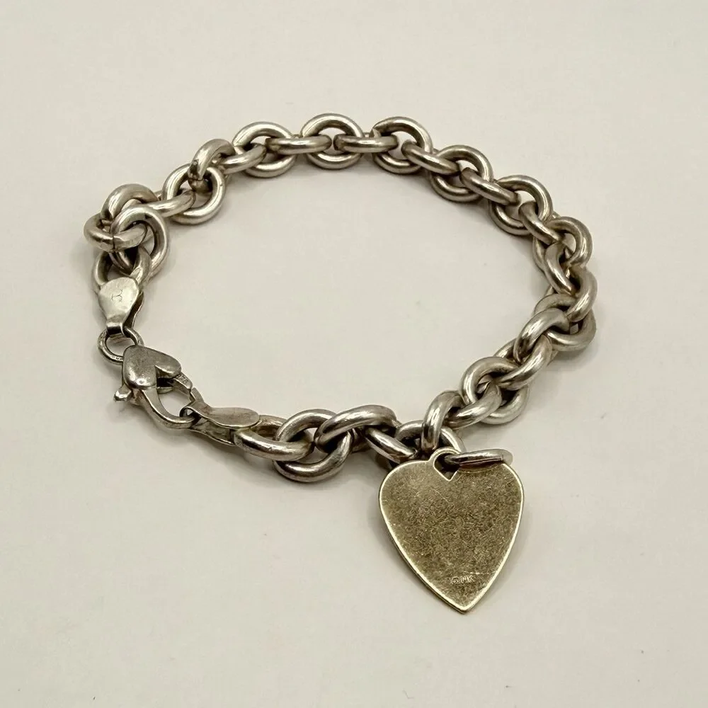 Vintage Judith Jack 14k Gold Heart Tag 925 Silver Rolo Link Chain Charm Bracelet